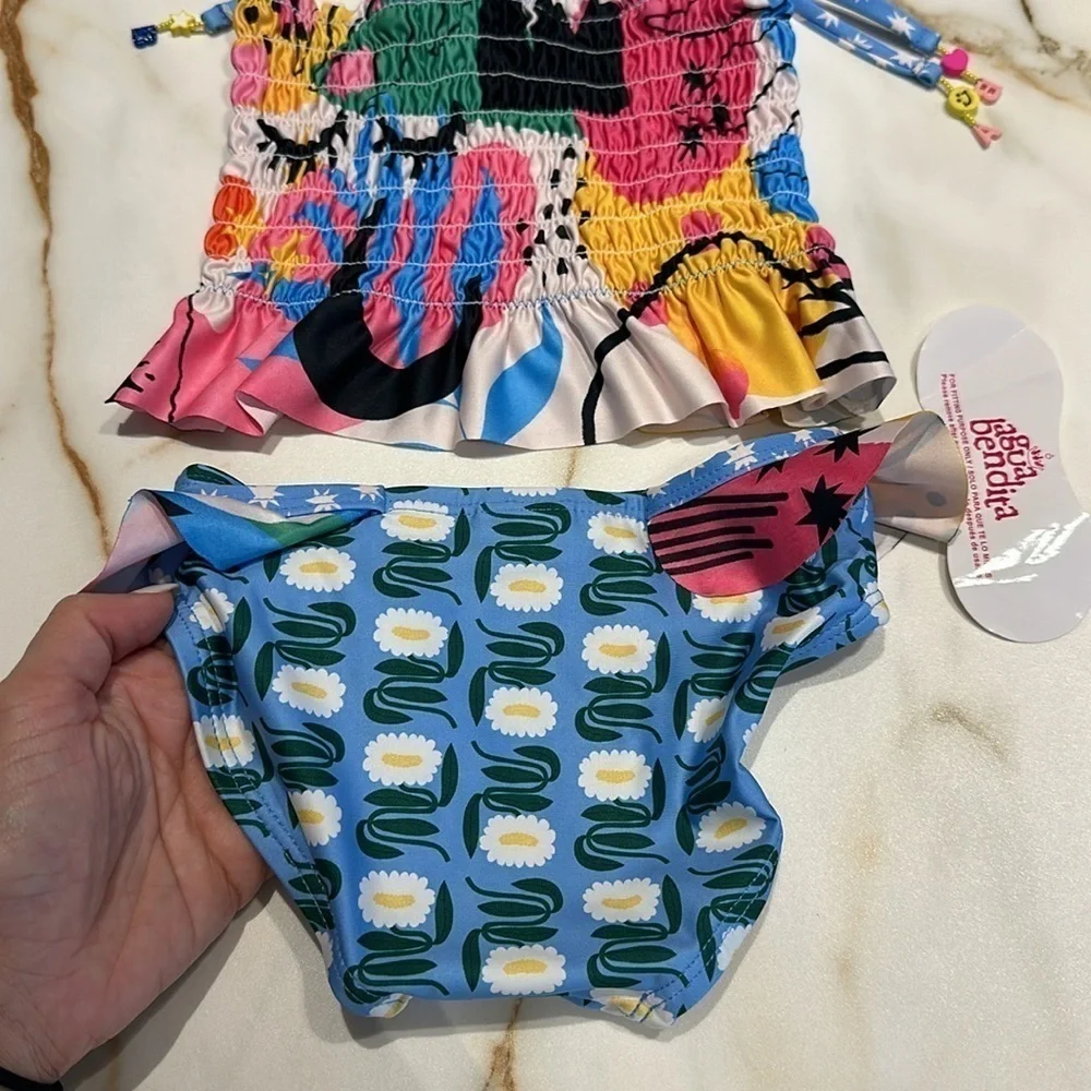 Agua Bendita Girls Multicolor Ruffle Tankini - Yellow, Pink, Blue, Green